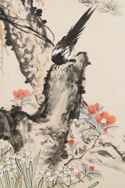 In the manner of Wang Xuetao 王雪濤 (1903-1982): 'Magpies and a pine tree', ink and colour on paper