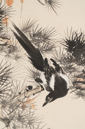 In the manner of Wang Xuetao 王雪濤 (1903-1982): 'Magpies and a pine tree', ink and colour on paper
