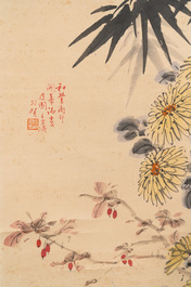 Wang Xuetao 王雪濤 (1903-1982): 'Rocks and flowers', ink and colour on paper, dated 1847