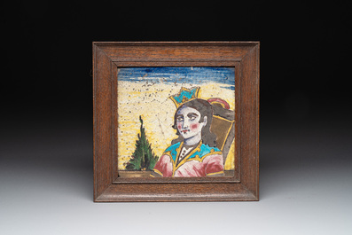 Three framed Persian tiles with figural design, Qajar, 19th C.