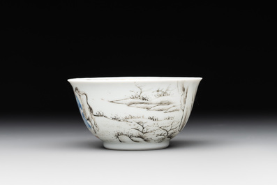 A Chinese blue-enamelled gilt-decorated grisaille cup and saucer, Yongzheng