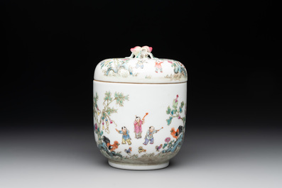 A Chinese famille rose '100 boys' covered box and a plate, Guangxu mark, Republic