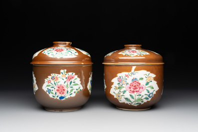 Four Chinese famille rose capucin-brown-ground sugar bowls and covers, Qianlong