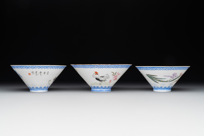 Five Chinese famille rose eggshell bowls and a cup, 20th C.