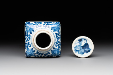 A Chinese blue and white square flask and cover with figural design, Kangxi