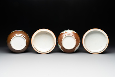 Four Chinese famille rose capucin-brown-ground sugar bowls and covers, Qianlong