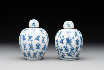 A Chinese wucai vase and seven blue and white jarlets, 19th C.