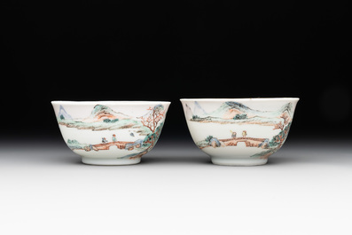 Two Chinese famille rose cups and three saucers with a fine landscape design, Yongzheng/Qianlong