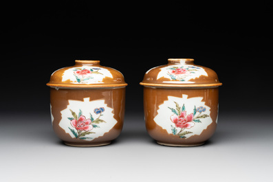 Four Chinese famille rose capucin-brown-ground sugar bowls and covers, Qianlong