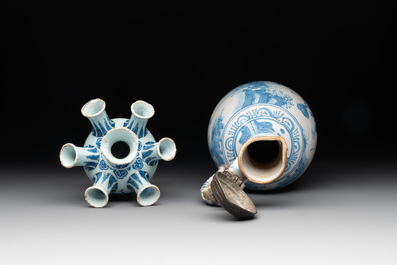 A blue and white Dutch Delft 'chinoiserie' tulip vase, a baluster vase and a pewter-mounted jug, 17th C.