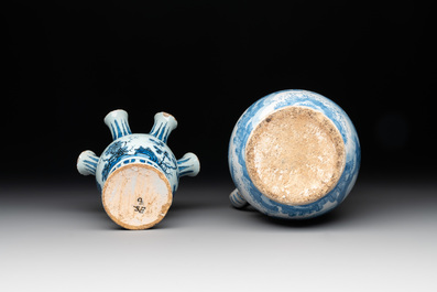 A blue and white Dutch Delft 'chinoiserie' tulip vase, a baluster vase and a pewter-mounted jug, 17th C.