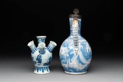A blue and white Dutch Delft 'chinoiserie' tulip vase, a baluster vase and a pewter-mounted jug, 17th C.