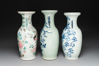 A fine Chinese famille rose 'phoenix' vase and two blue and white celadon-ground vases, 19th C.