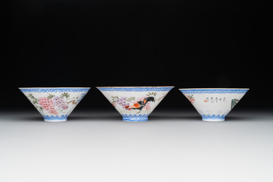 Five Chinese famille rose eggshell bowls and a cup, 20th C.