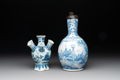 A blue and white Dutch Delft 'chinoiserie' tulip vase, a baluster vase and a pewter-mounted jug, 17th C.