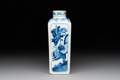 A Chinese blue and white square flask and cover with figural design, Kangxi