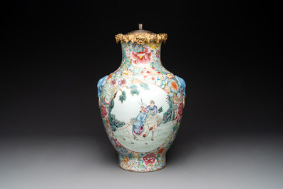 A Chinese famille rose 'millefleurs' vase mounted as lamp, Qianlong mark, Republic