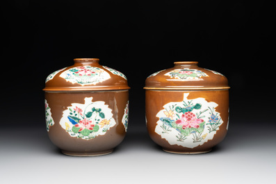 Four Chinese famille rose capucin-brown-ground sugar bowls and covers, Qianlong