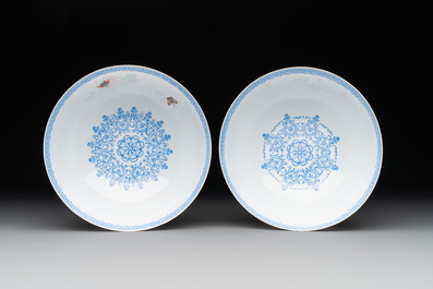 Five Chinese famille rose eggshell bowls and a cup, 20th C.