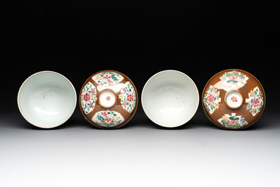 Four Chinese famille rose capucin-brown-ground sugar bowls and covers, Qianlong
