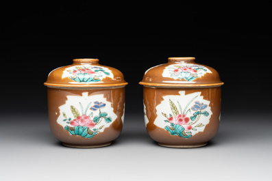 Four Chinese famille rose capucin-brown-ground sugar bowls and covers, Qianlong