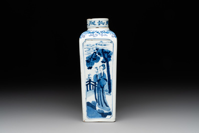A Chinese blue and white square flask and cover with figural design, Kangxi