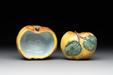 A polychrome Dutch Delft apple-form box and cover, 18th C.
