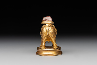 A Chinese pink quartz-inset gilt bronze elephant, 18th C.