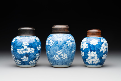 A Chinese wucai vase and seven blue and white jarlets, 19th C.