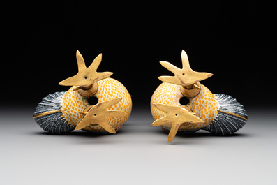 A pair of Chinese Canton enamel roosters, 20th C.