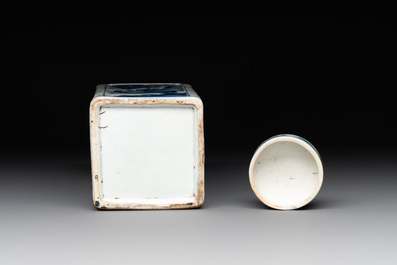 A Chinese blue and white square flask and cover with figural design, Kangxi