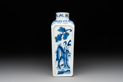 A Chinese blue and white square flask and cover with figural design, Kangxi