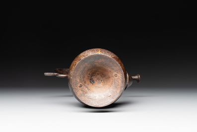 A Persian steel engraved gilt-decorated pear-shaped ewer and cover with floral design, Qajar, 19th C.
