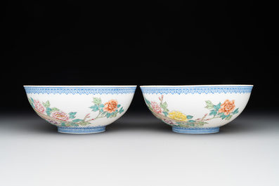Five Chinese famille rose eggshell bowls and a cup, 20th C.