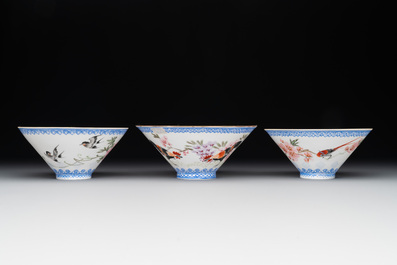 Five Chinese famille rose eggshell bowls and a cup, 20th C.