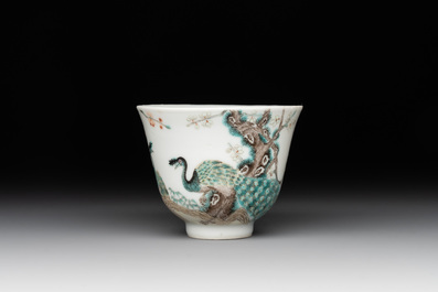 A fine Chinese falangcai 'peacock and plum blossom' cup, Yongzheng mark and of the period