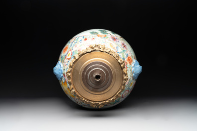 A Chinese famille rose 'millefleurs' vase mounted as lamp, Qianlong mark, Republic
