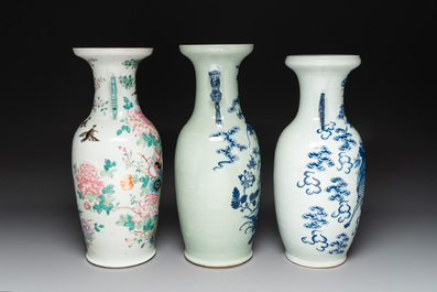 A fine Chinese famille rose 'phoenix' vase and two blue and white celadon-ground vases, 19th C.