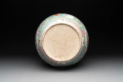A Chinese famille rose lime-green-ground jardini&egrave;re with birds, flowers and antiquities, 19th C.