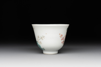 A fine Chinese falangcai 'peacock and plum blossom' cup, Yongzheng mark and of the period