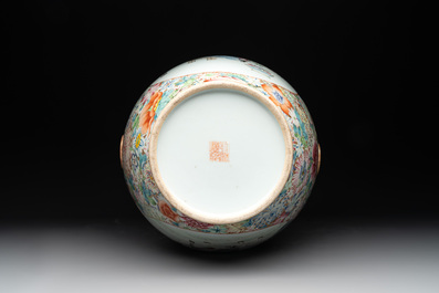 A Chinese famille rose 'millefleurs' vase mounted as lamp, Qianlong mark, Republic