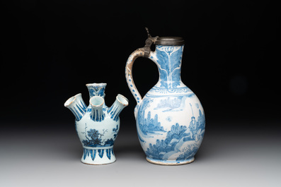 A blue and white Dutch Delft 'chinoiserie' tulip vase, a baluster vase and a pewter-mounted jug, 17th C.