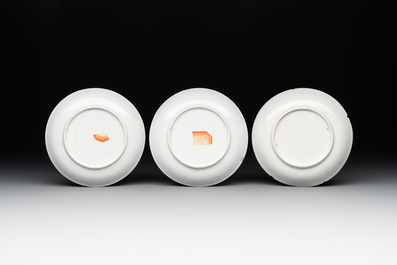Two Chinese famille rose cups and three saucers with a fine landscape design, Yongzheng/Qianlong