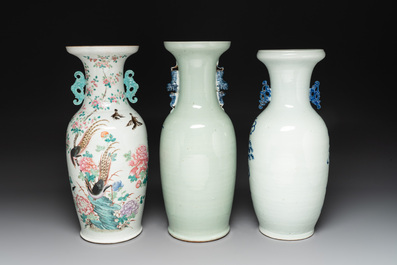 A fine Chinese famille rose 'phoenix' vase and two blue and white celadon-ground vases, 19th C.