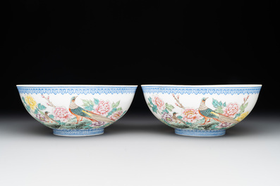Five Chinese famille rose eggshell bowls and a cup, 20th C.
