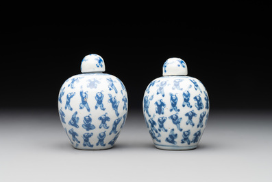 A Chinese wucai vase and seven blue and white jarlets, 19th C.