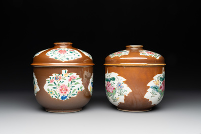 Four Chinese famille rose capucin-brown-ground sugar bowls and covers, Qianlong