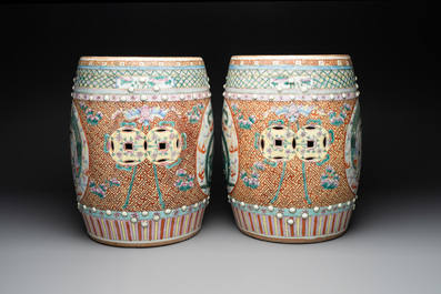 A pair of Chinese famille rose 'dragon and phoenix' garden seats, 19/20th C.