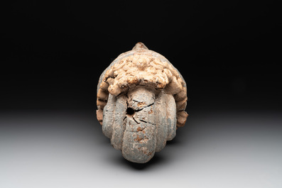 A large Chinese polychromed wooden head of Guanyin, probably Ming