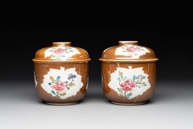Four Chinese famille rose capucin-brown-ground sugar bowls and covers, Qianlong